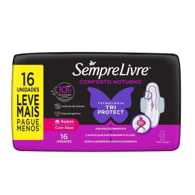 Absorvente Sempre Livre Noturno 16 Unidades C Abas Suave